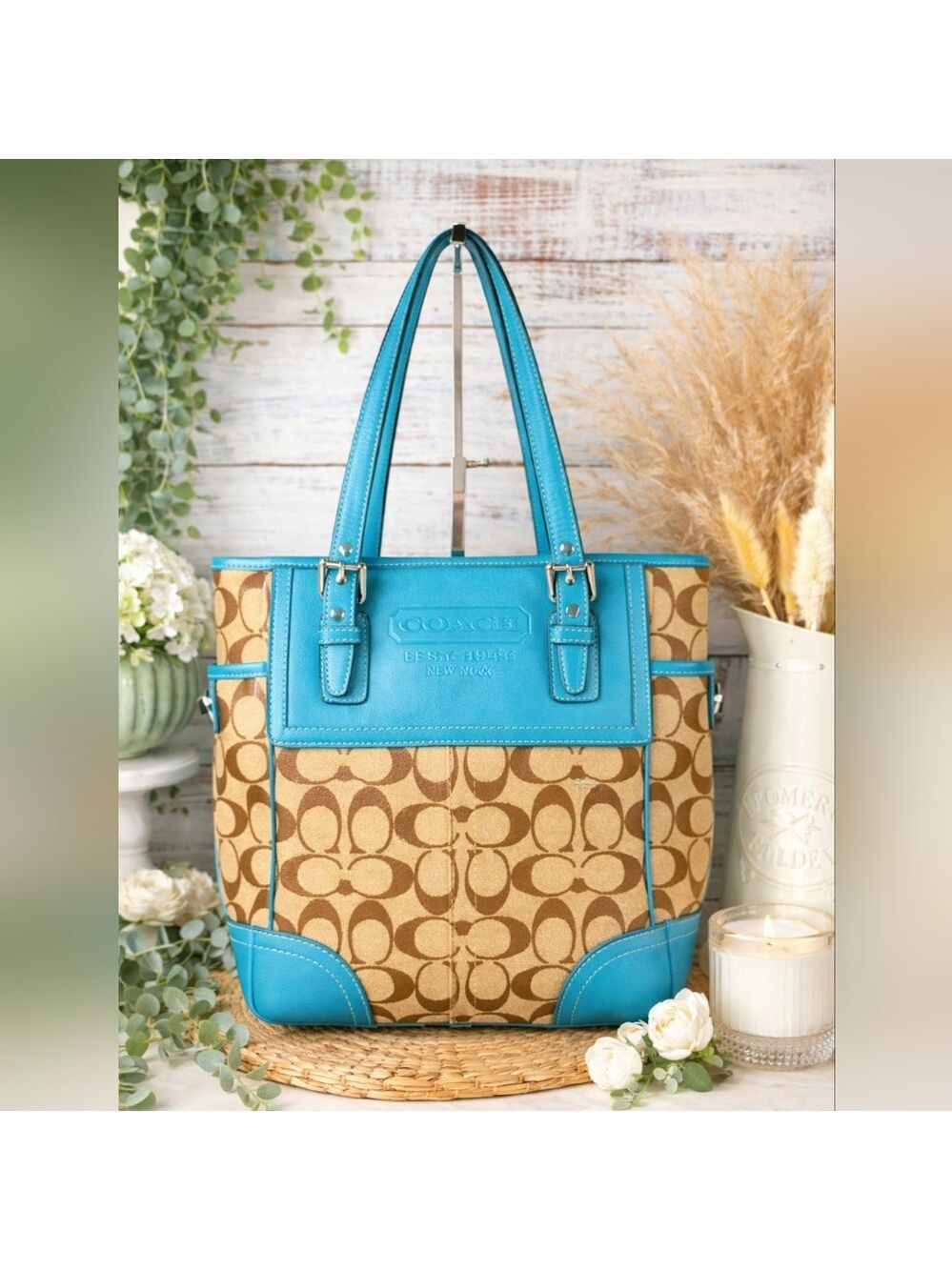 Coach Y2K Signature Hand Bag Teal Blue Tan Brown‎ Tote Leather FallPurse Laptop